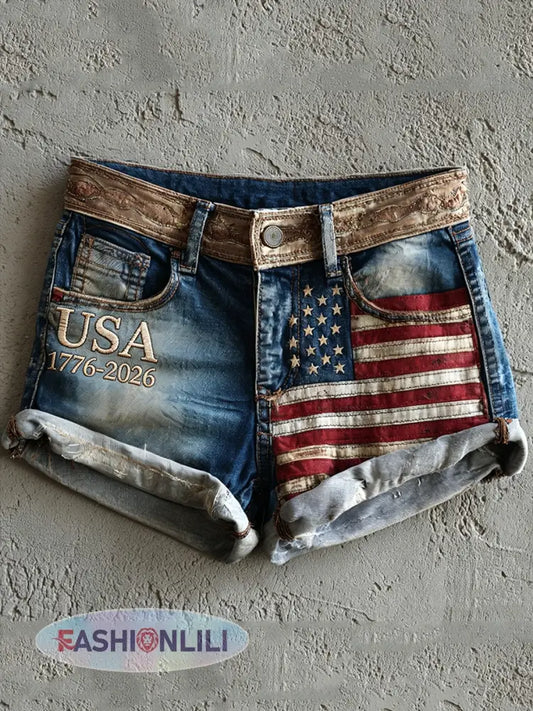 Women’s USA 1776-2026 Vintage American Flag Contrast Print Denim Shorts - Blue / S
