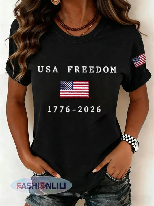 Women’s USA Freedom American Flag Print Casual Independence Day Patriotic Tee - Black / S