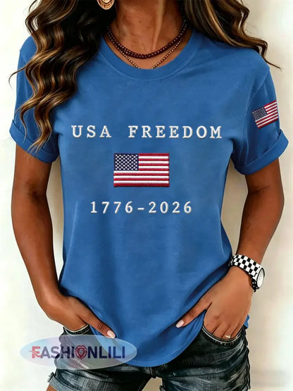 Women’s USA Freedom American Flag Print Casual Independence Day Patriotic Tee - Blue / S