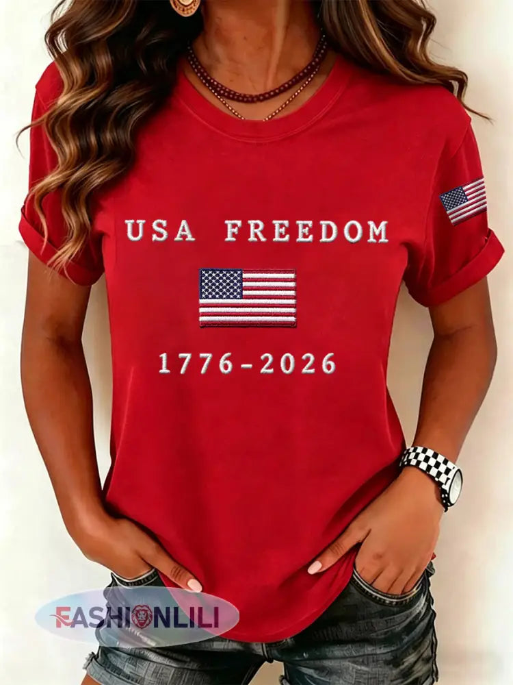 Women’s USA Freedom American Flag Print Casual Independence Day Patriotic Tee - Red / S