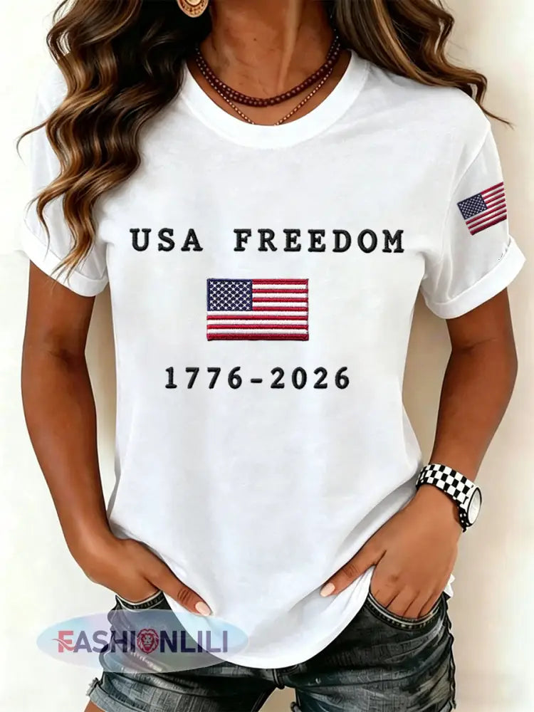 Women’s USA Freedom American Flag Print Casual Independence Day Patriotic Tee - White / S