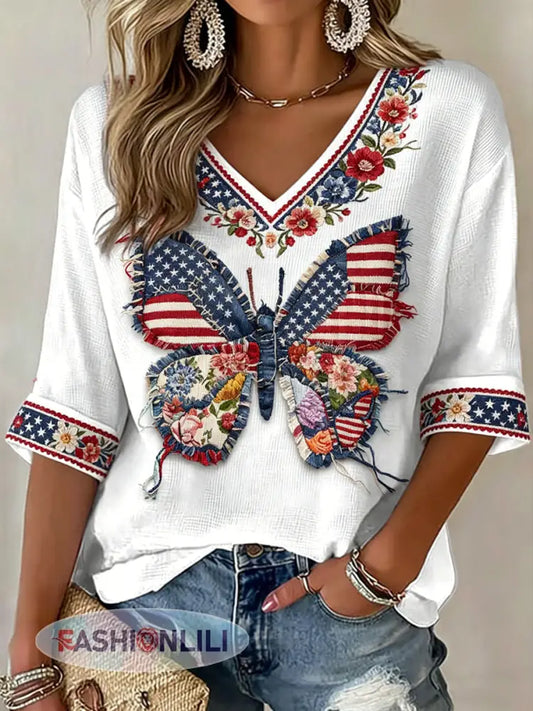 Women’s V-neck Mid-Sleeve Independence Day Printed Casual T-shirt - White / S