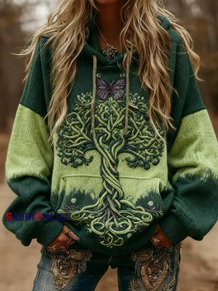 Women’s Viking Butterfly Celtic Knot Tree Of Life Gradient Print Long-Sleeved Hooded Sweater Green / S