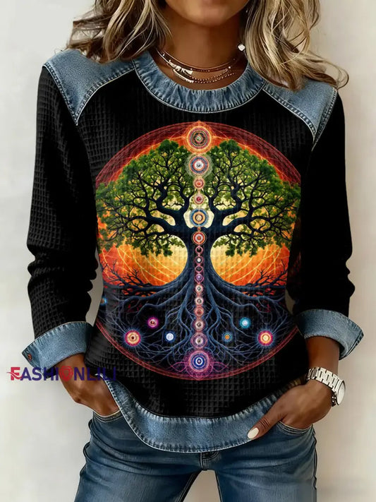 Women’s Viking Celtic Knot Tree Of Life Gradient Print Long-Sleeved Waffle Top Black / S