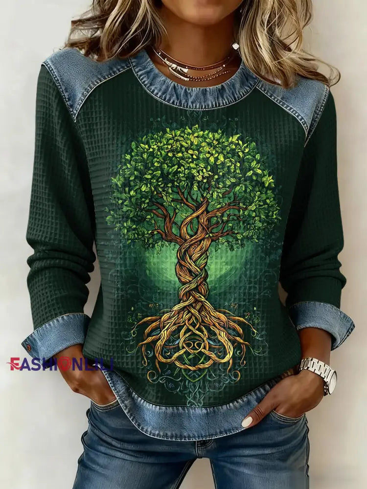 Women’s Viking Celtic Knot Tree Of Life Gradient Print Long-Sleeved Waffle Top Green / S