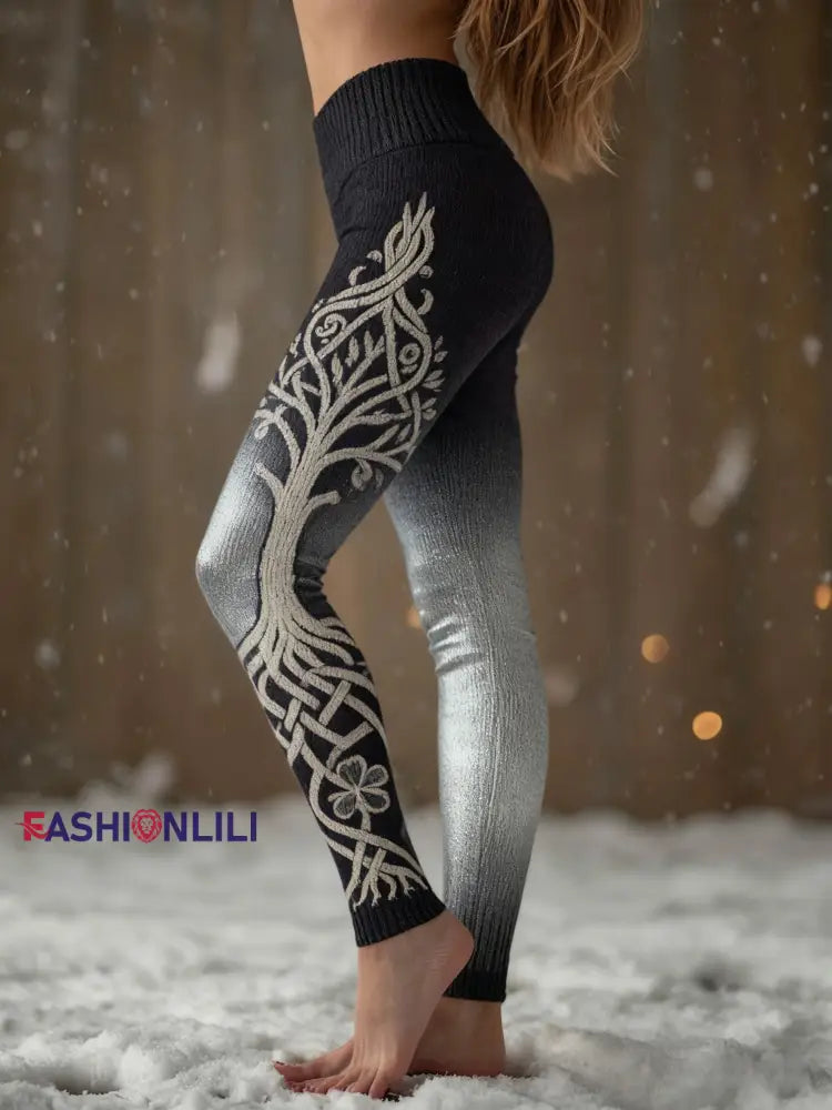 Women’s Viking Celtic Knot Tree Of Life Gradient Sports Stretch Leggings Black / S