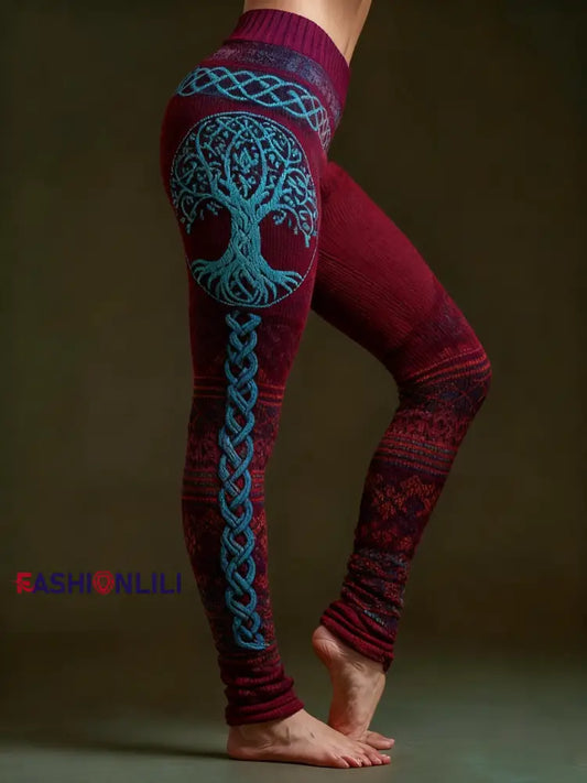 Women’s Viking Celtic Knot Tree Of Life Sports Stretch Leggings Wine Red / S