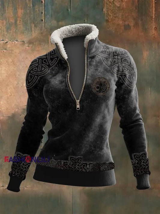 Women’s Viking Totem Printed Zipper Lamb Wool Long Sleeve Top Black / S