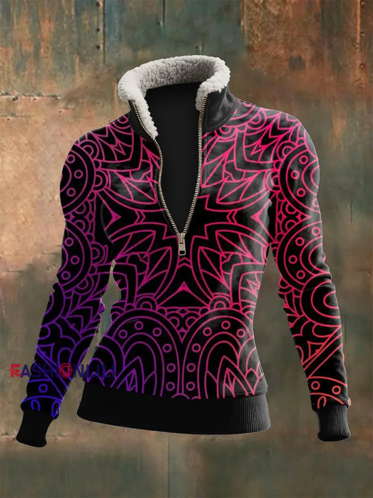 Women’s Viking Totem Printed Zipper Lamb Wool Long Sleeve Top Black / S