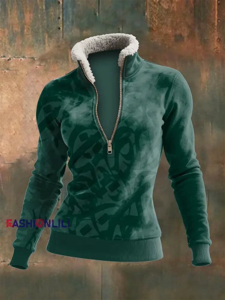 Women’s Viking Totem Printed Zipper Lamb Wool Long Sleeve Top Green / S