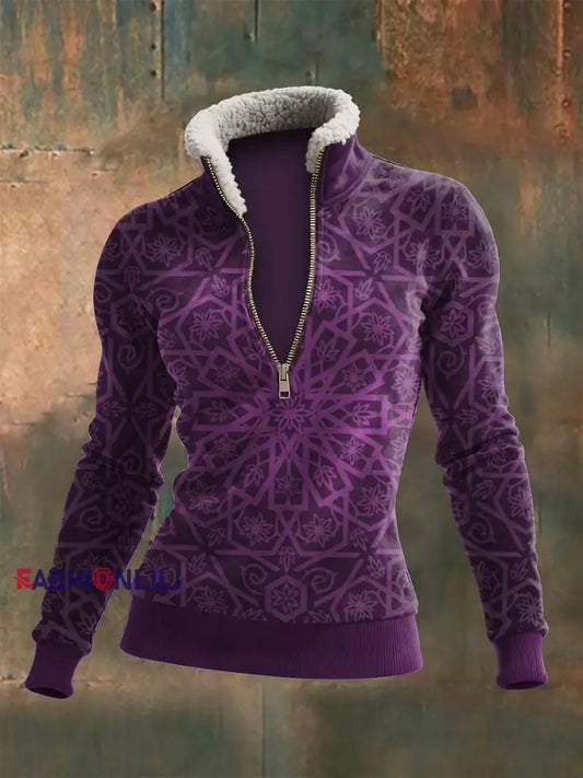 Women’s Viking Totem Printed Zipper Lamb Wool Long Sleeve Top Purple / S