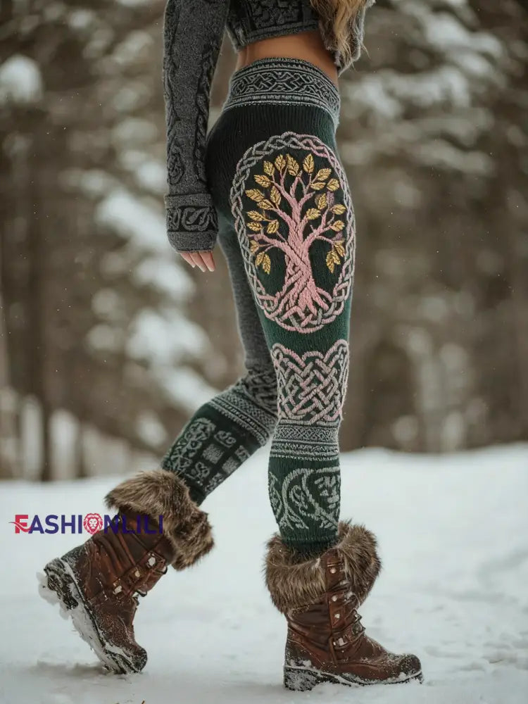Women’s Viking Tree Of Life Pattern Cozy Leggings Green / S
