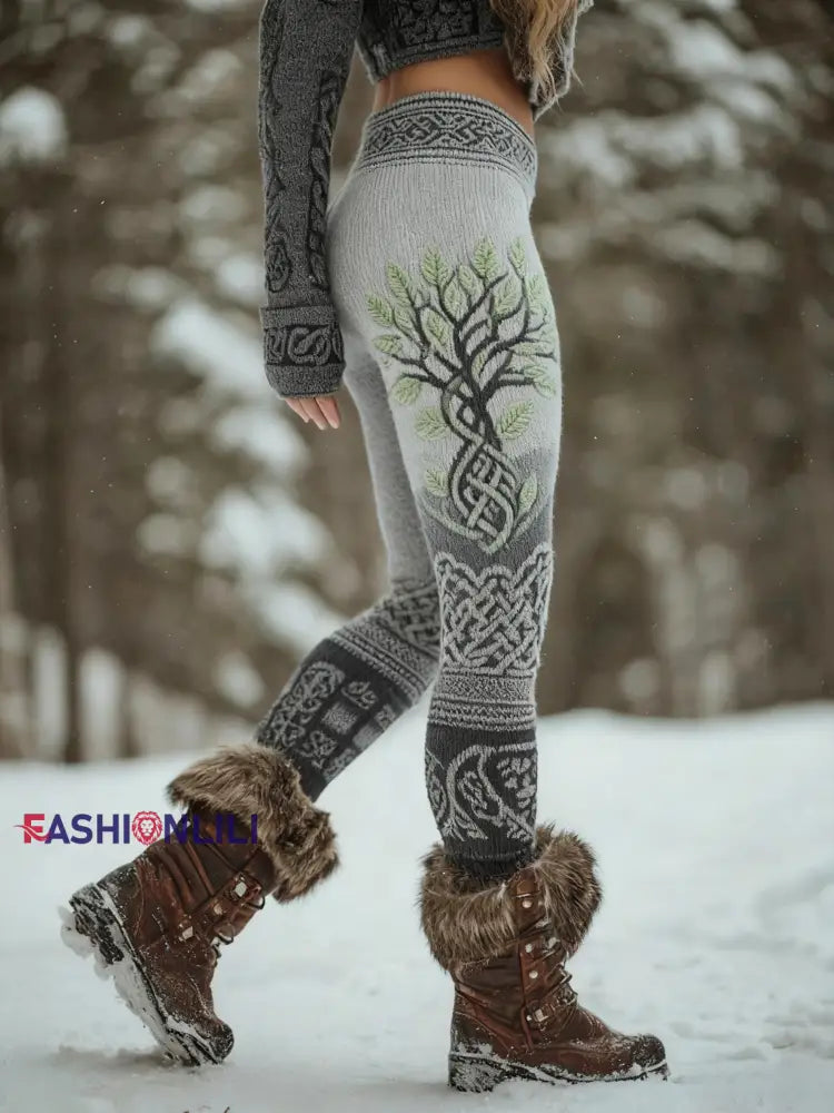 Women’s Viking Tree Of Life Pattern Cozy Leggings Light Gray / S