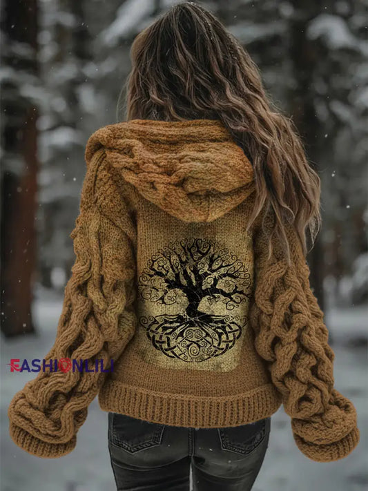 Women’s Viking Tree Of Life Pattern Gradient Cardigan Knit Jacket Brown / S