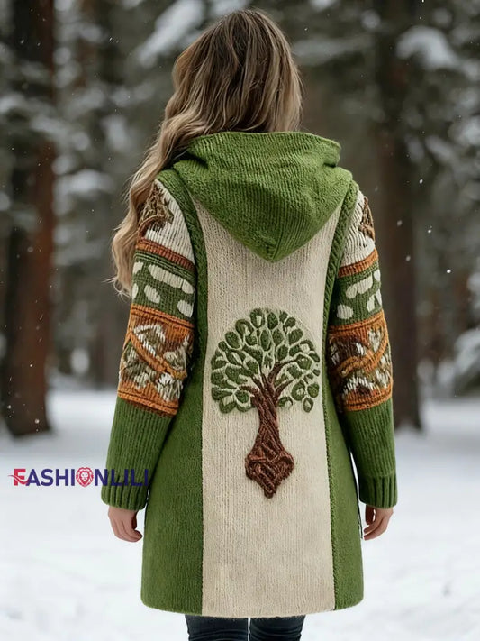 Women’s Viking Tree Of Life Pattern Gradient Cardigan Knit Jacket Green / S