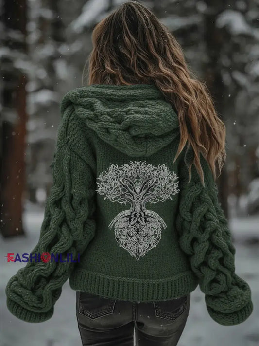 Women’s Viking Tree Of Life Pattern Gradient Cardigan Knit Jacket Green / S