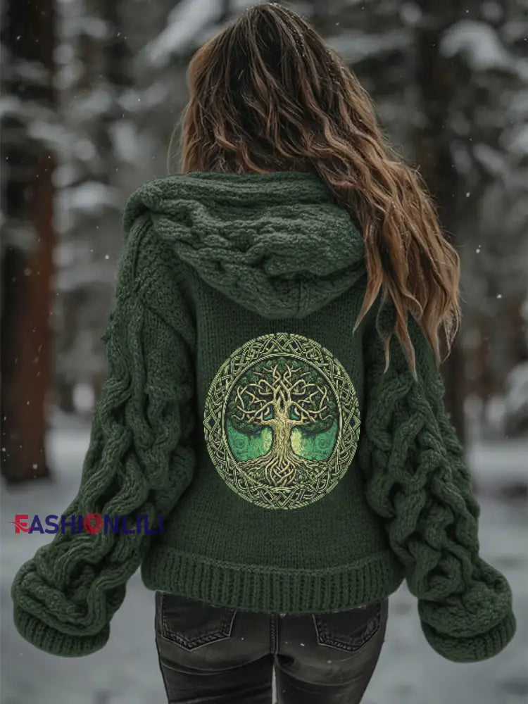 Women’s Viking Tree Of Life Pattern Gradient Cardigan Knit Jacket Green / S