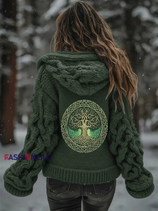 Women’s Viking Tree Of Life Pattern Gradient Cardigan Knit Jacket Green / S