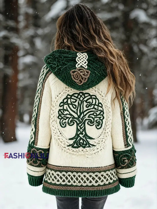 Women’s Viking Tree Of Life Pattern Gradient Cardigan Knit Jacket Green / S
