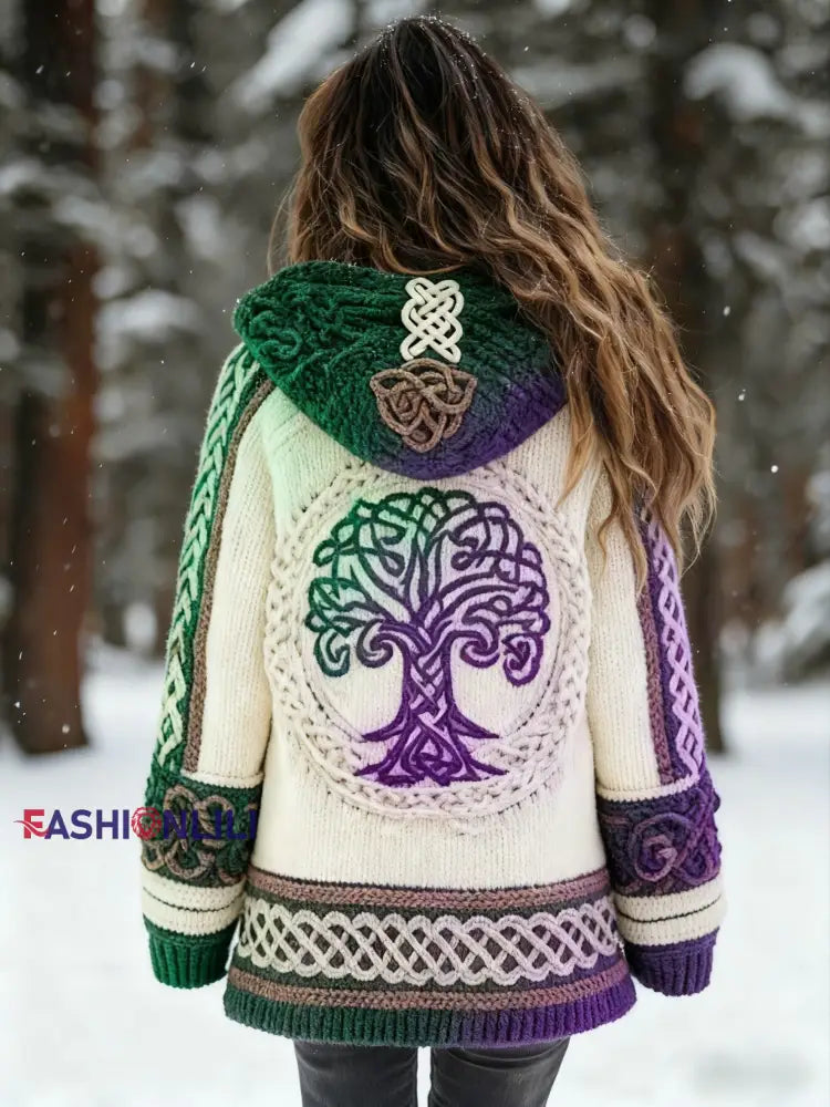 Women’s Viking Tree Of Life Pattern Gradient Cardigan Knit Jacket Green / S