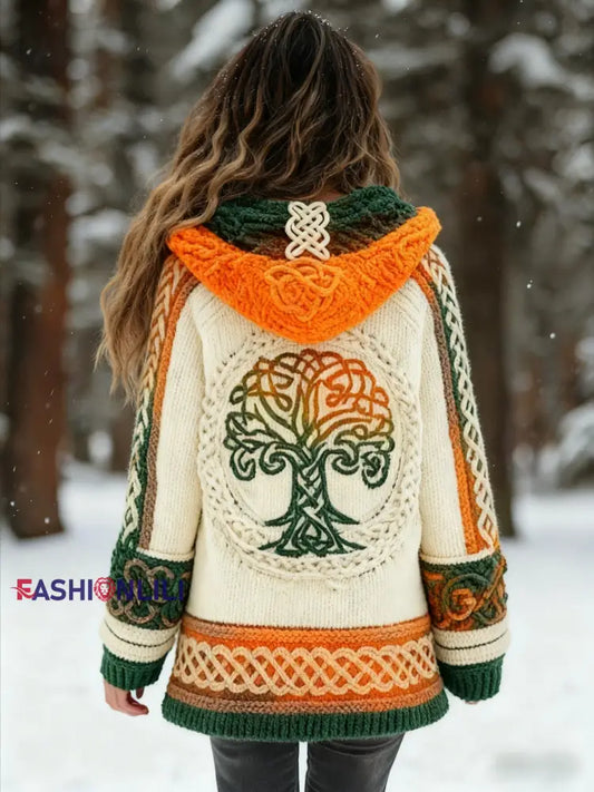 Women’s Viking Tree Of Life Pattern Gradient Cardigan Knit Jacket Orange / S