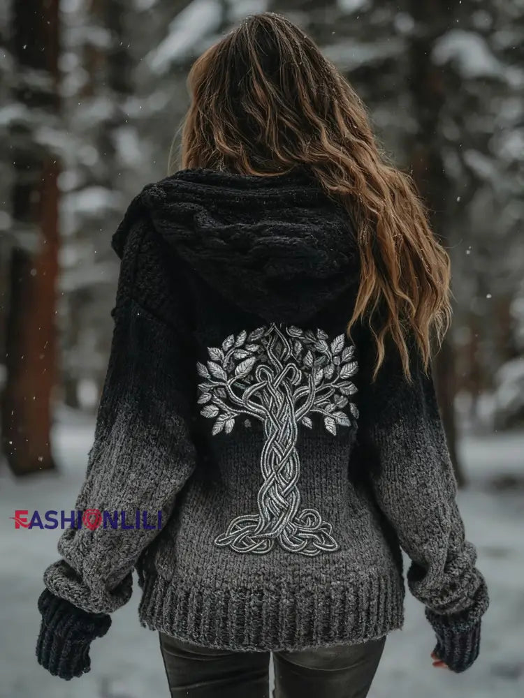 Women’s Viking Tree Of Life Pattern Gradient Multicolour Cardigan Knit Jacket Black / S