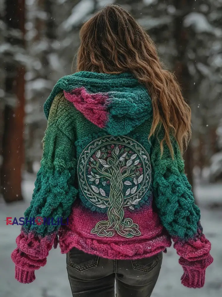 Women’s Viking Tree Of Life Pattern Gradient Multicolour Cardigan Knit Jacket Green / S