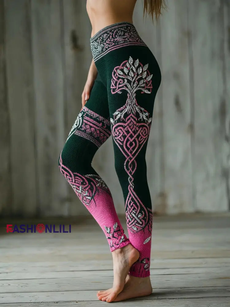 Women’s Viking Tree Of Life Pattern Gradient Multicolour Cozy Leggings Dark Green / S