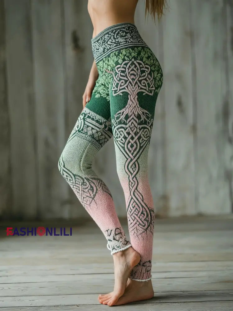 Women’s Viking Tree Of Life Pattern Gradient Multicolour Cozy Leggings Green / S