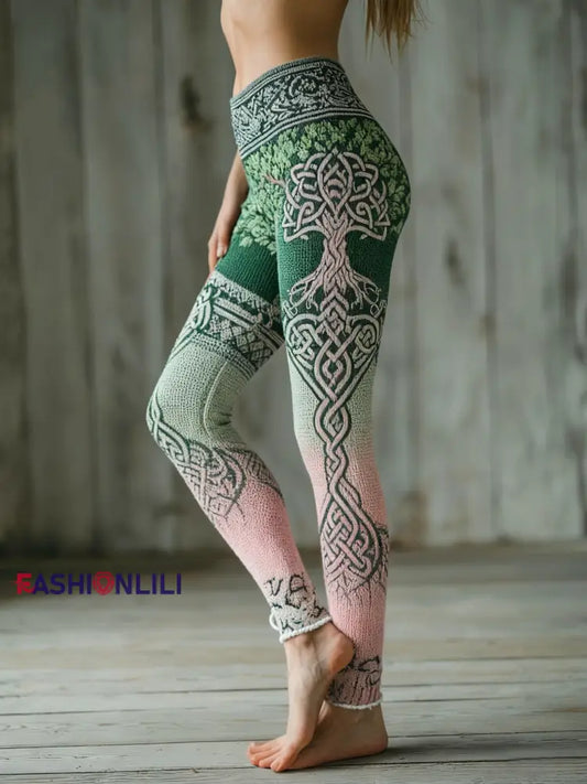 Women’s Viking Tree Of Life Pattern Gradient Multicolour Cozy Leggings Green / S
