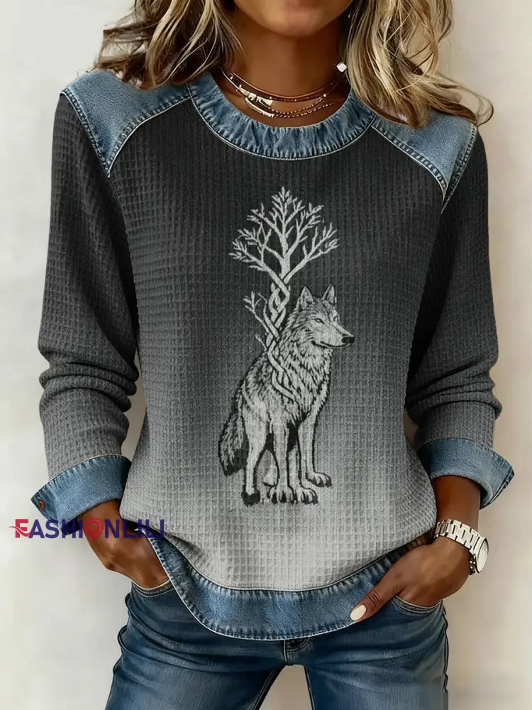 Women’s Viking Wolf Celtic Knot Tree Of Life Gradient Print Long-Sleeved Waffle Top Gray / S