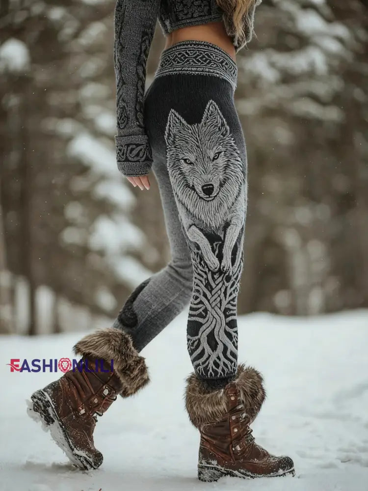 Women’s Viking Wolf Celtic Knot Tree Of Life Gradient Sports Stretch Leggings Dark Gray / S