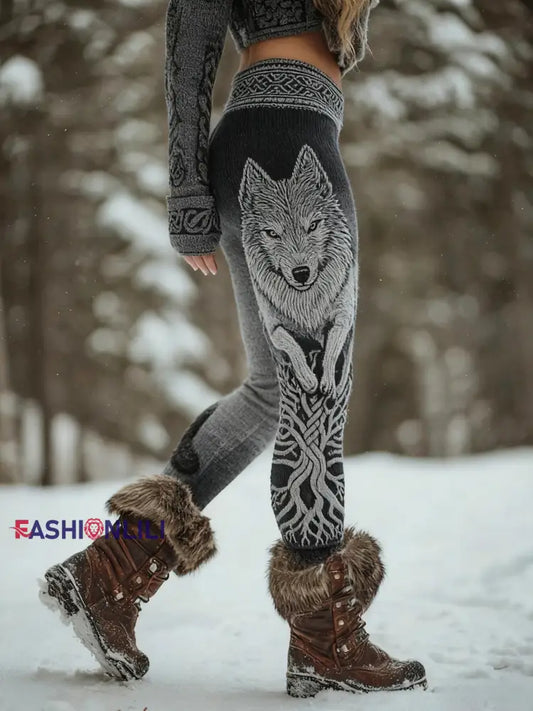 Women’s Viking Wolf Celtic Knot Tree Of Life Gradient Sports Stretch Leggings Dark Gray / S