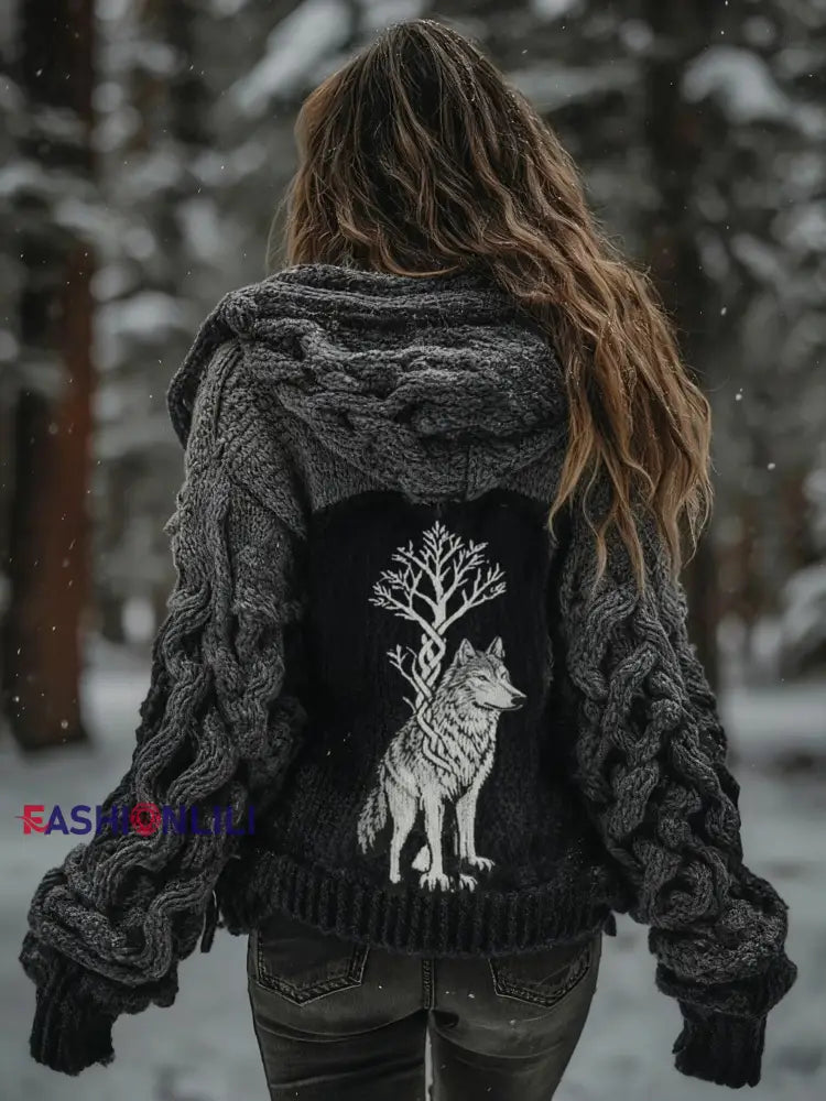 Women’s Viking Wolf Tree Of Life Pattern Gradient Cardigan Knit Jacket Dark Gray / S