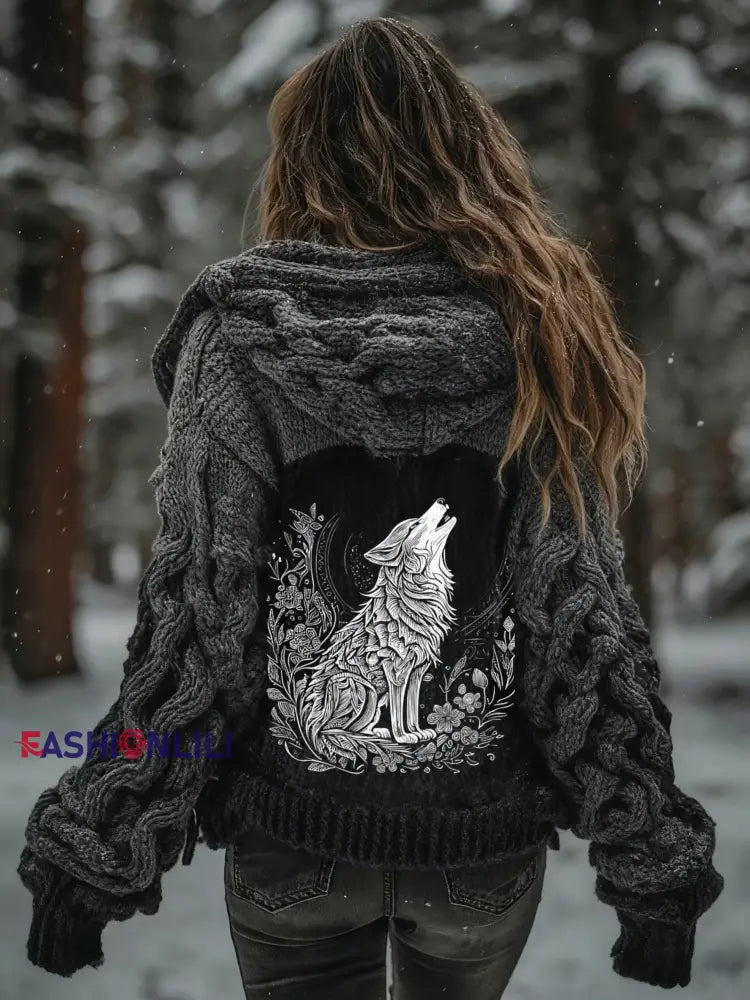 Women’s Viking Wolf Tree Of Life Pattern Gradient Cardigan Knit Jacket Dark Gray / S