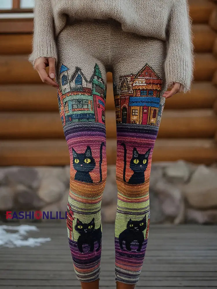 Women’s Vintage Black Cats Print Leggings As picture / S