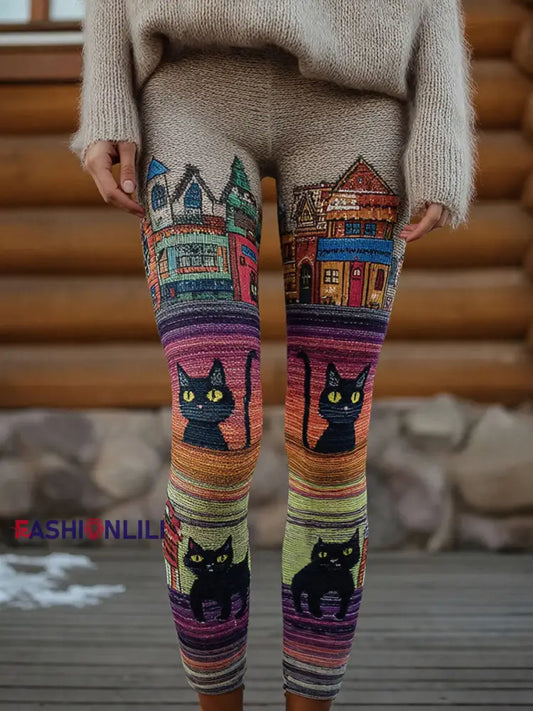 Women’s Vintage Black Cats Print Leggings As picture / S