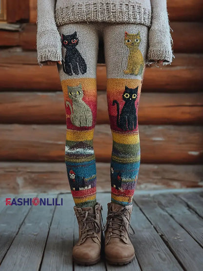 Women’s Vintage Cats Print Leggings Orange / S