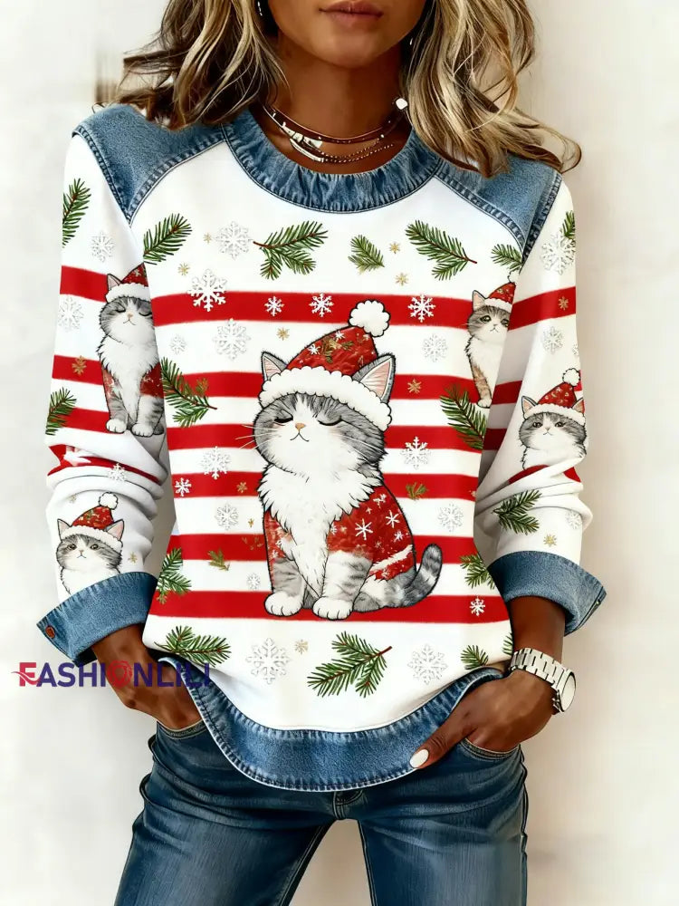 Women’s Vintage Christmas Cat Denim Patchwork Sweatshirt As picture / S