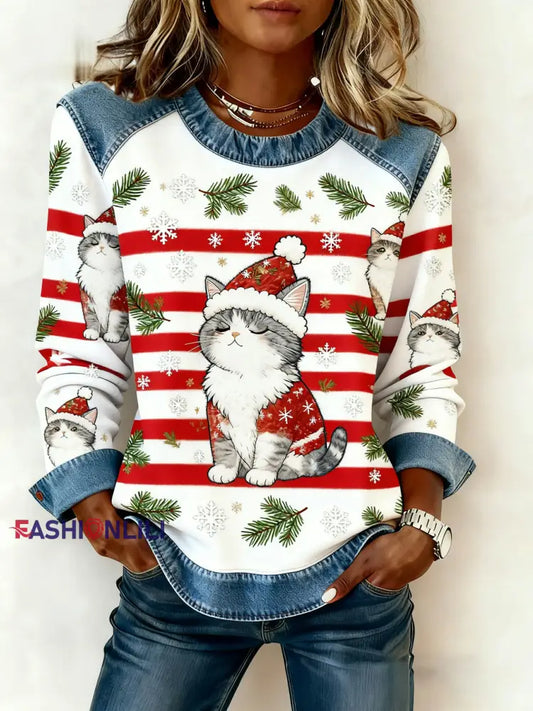 Women’s Vintage Christmas Cat Denim Patchwork Sweatshirt As picture / S