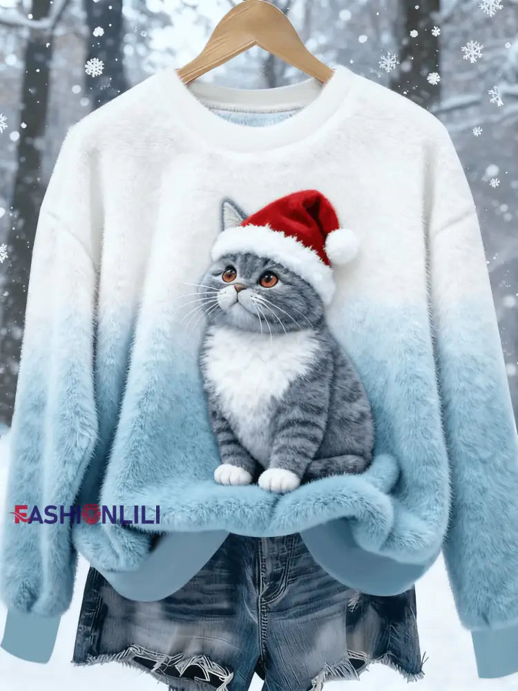 Women’s Vintage Christmas Cat Printed Flannel Sweatshirt As picture / S