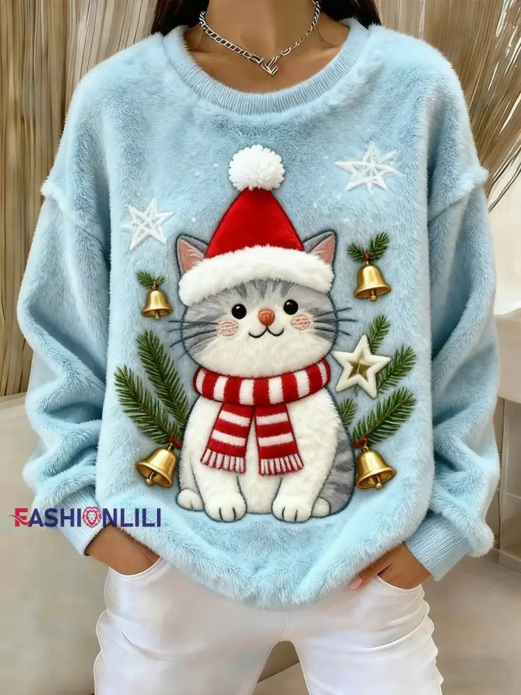 Women’s Vintage Christmas Cat Printed Flannel Sweatshirt As picture / S