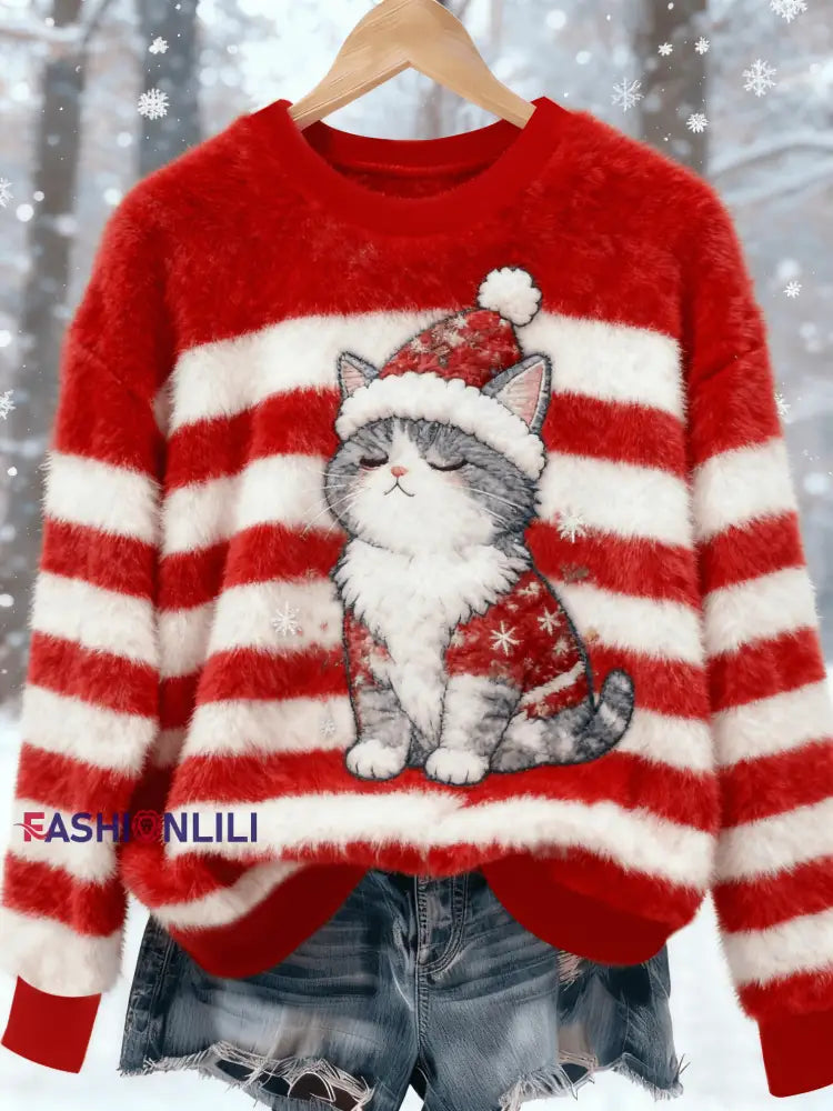 Women’s Vintage Christmas Cat Printed Flannel Sweatshirt Red / S