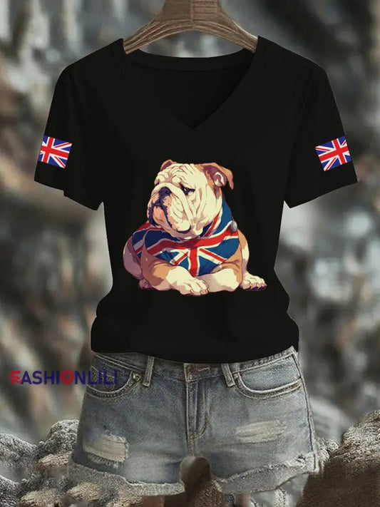 Women’s Vintage England Flag Casual Printed V-neck T-shirt Black / S