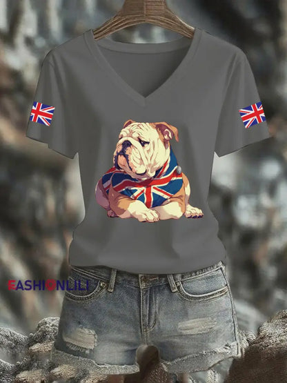Women’s Vintage England Flag Casual Printed V-neck T-shirt Light Gray / S