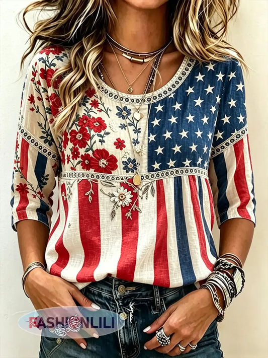 Women’s Vintage Independence Day Flag Flower Art Print Linen Short Sleeves Top - As picture / S