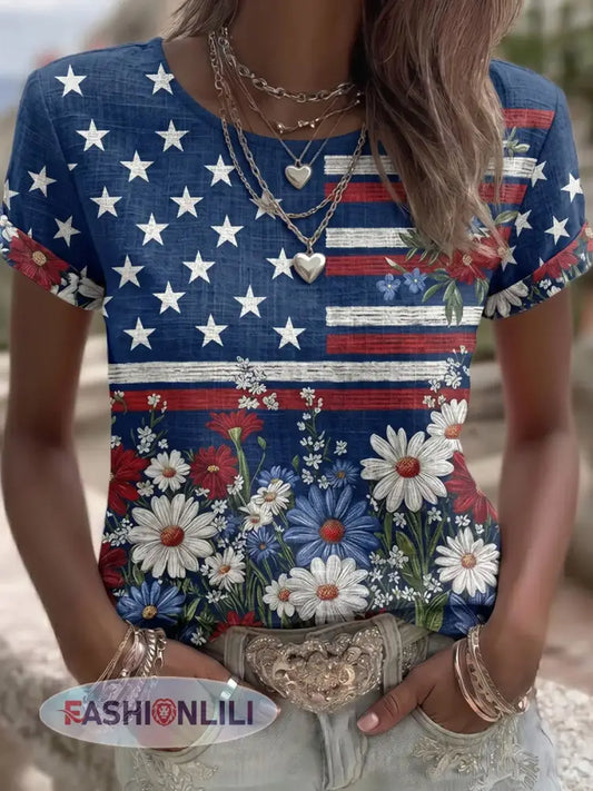 Women’s Vintage Independence Day Flag Flower Art Print Linen Short Sleeves Top - Navy Blue / S