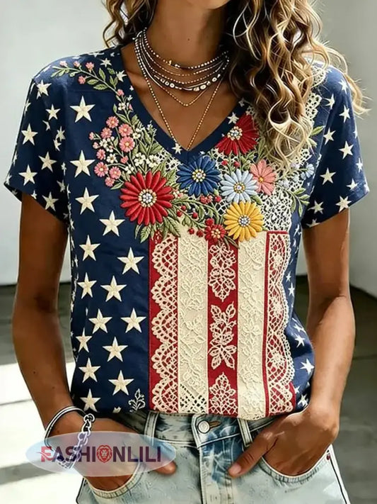 Women’s Vintage Independence Day Flag Flower Art Print Linen Short Sleeves Top - Navy Blue / S