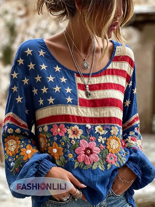 Women’s Vintage Independence Day Flag Flower Art Print Linen Top - As picture / S