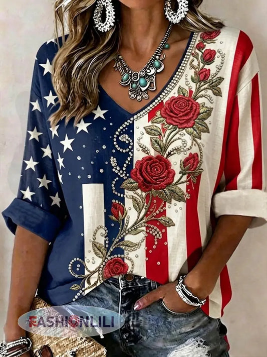 Women’s Vintage Independence Day Flag Flower Art Print Linen V-Neck Shirt - As picture / S
